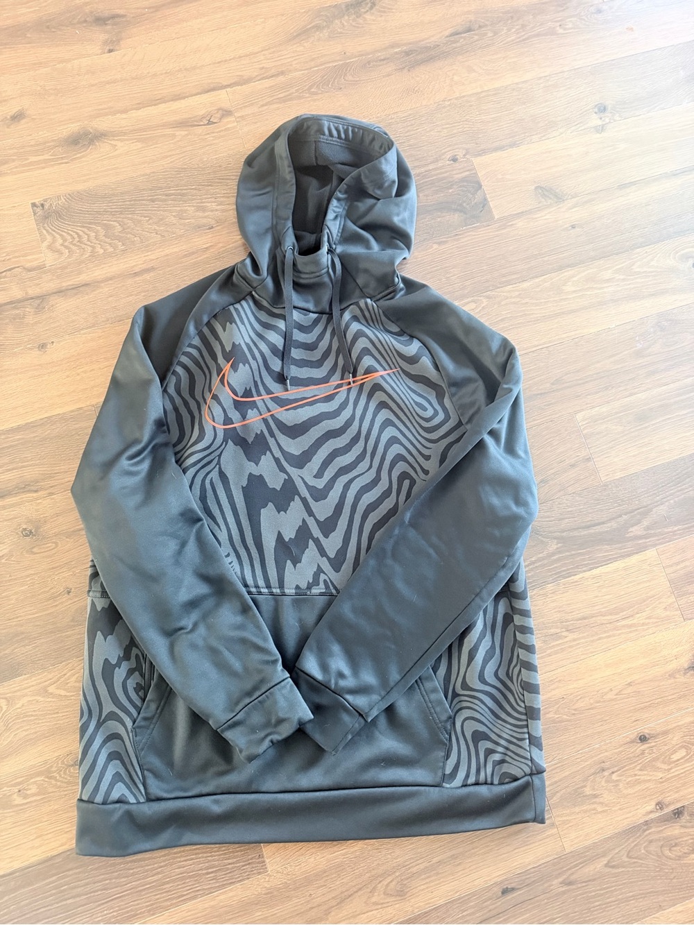 Nike Black & Gray Patterned Hoodie with Orange Swoosh